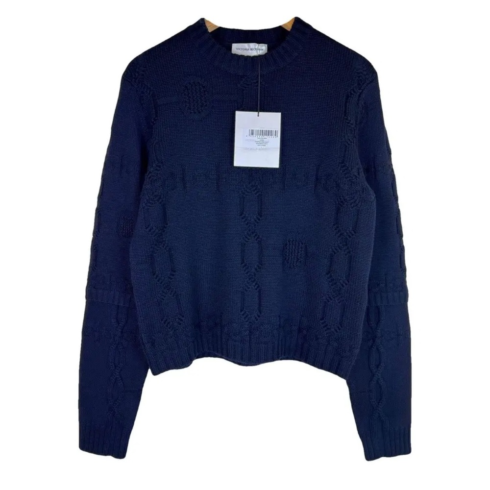victoria beckham cropped navy blue crew neck monogram cable wool sweater A/W 20